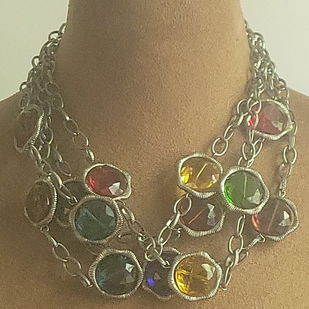 Multi Strand Jewel Tone Crystal Statement Necklace Silver Tone Whimsigoth